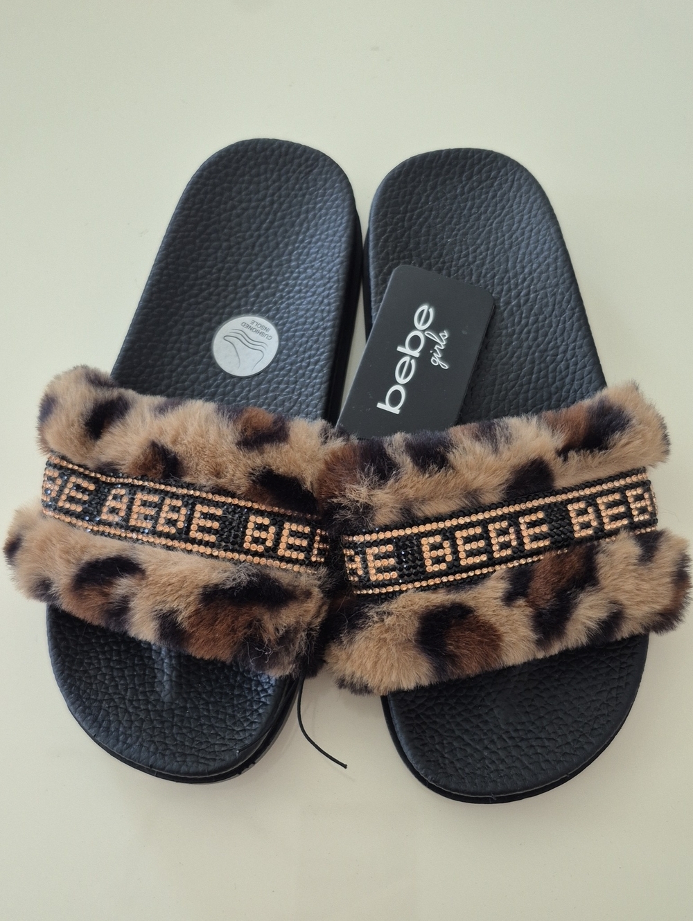 bebe Girls Leopard Faux Fur Slide Sandals - Black/Tan